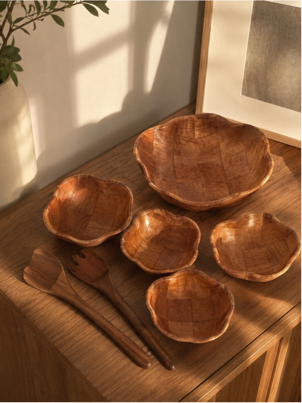 Vintage Handcrafted Woven Wood Salad Bowl Set – 5 Bowls & Serving Utensils